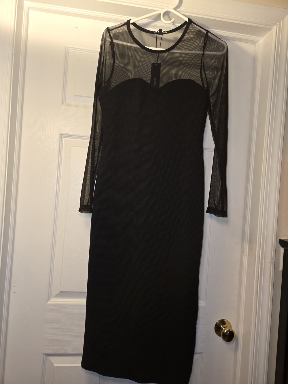Black Mesh Accent Long Sleeve Bodycon Dress
